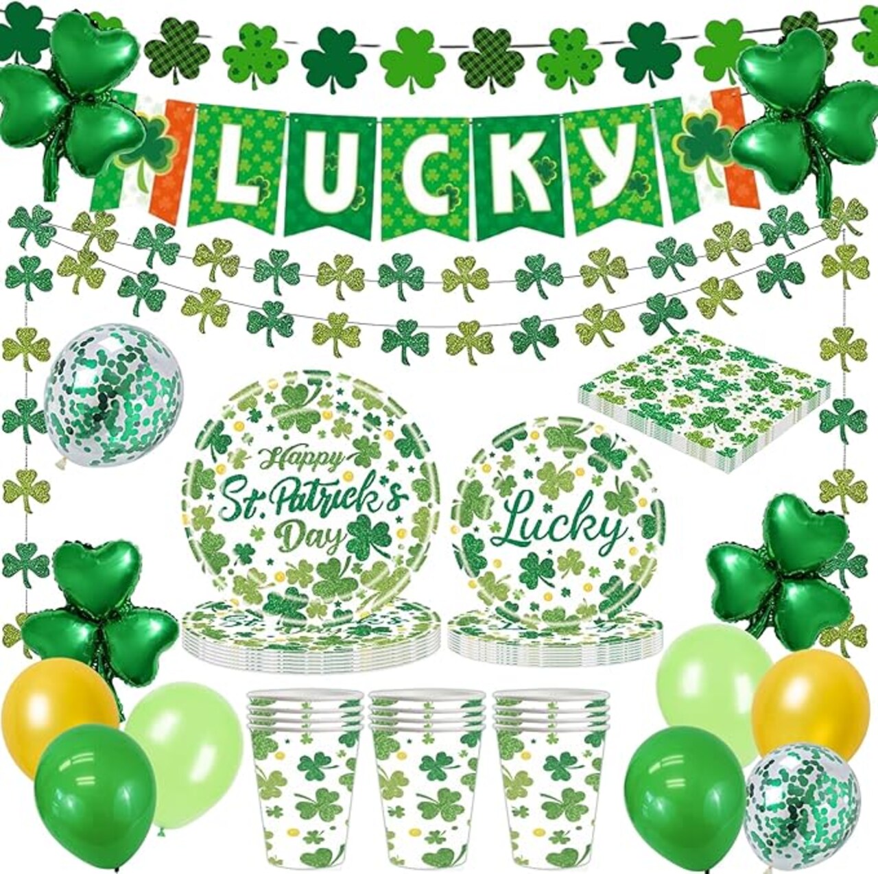 St. Patrick's Day Party Supplies -Irish Shamrock Decorations Set with "LUCKY" Banner, Plates, Cups, Napkins, Balloons, Garland for St. Patrick's Day Party Decorations, Irish Themed Party Decorations